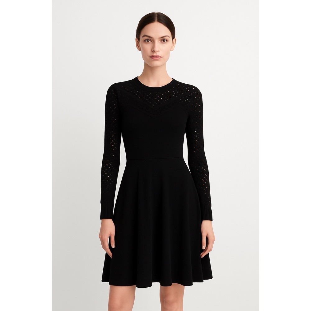 Milly Pointelle Fit & Flare Black‎ Long Sleeve Knit Dress Sz P Romantic Feminine